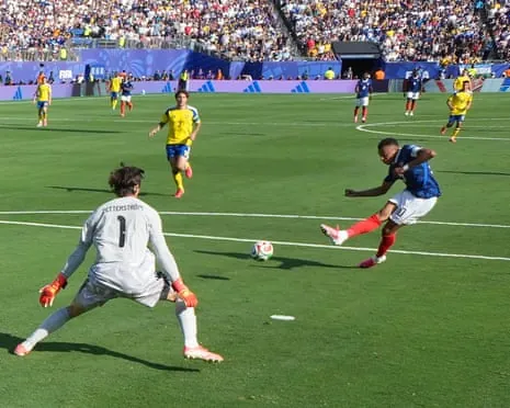 France's Kylian Mbappe scores a goal that was later disallowed.